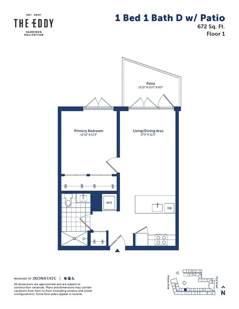 the floor plan of the 1 bed 1 bath dv apt